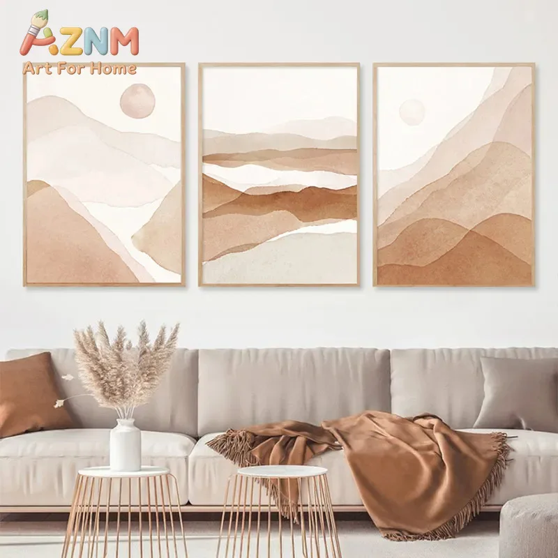 1Pc/3Pcs Nordic Modern Watercolour Landscape Sunrise Abstract Geometry Morandi Art Niche Decorative Canvas Poster