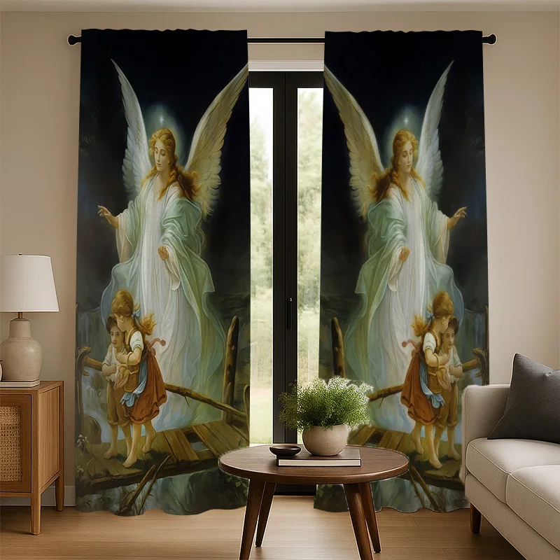 Guardian Angel Curtain, Classical Religious Art Print Drape, Ethereal Winged Figure Decor, Spiritual Home Textile, Vintage Style