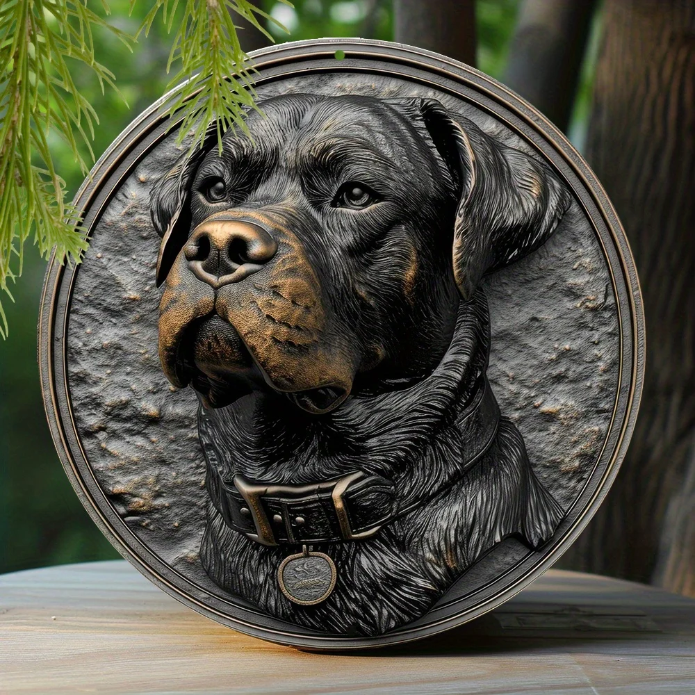 

Spring Aluminum Sign Faux Embossing Painted Round Wreath Sign Bedroom Decoration Men Gifts Rottweiler Themed Decoration