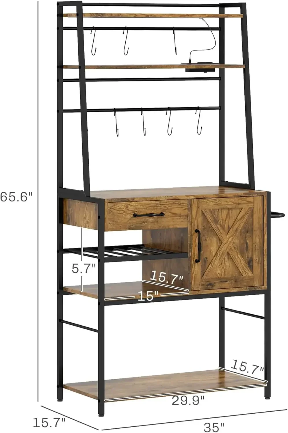 Koffiebar met opbergplanken, industriële magnetronstandaard met wijnflessenrek, lade, kast met schuurdeur, rustiek bruin