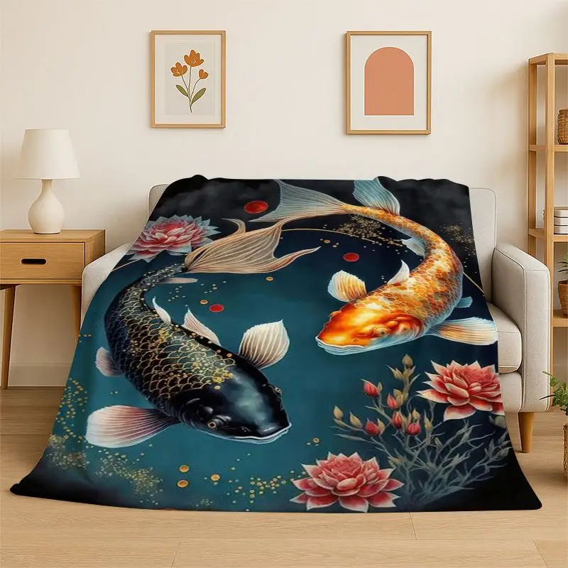 Cartoon Koi Carp Good luck Yin Yang Fish Flannel Blanket Soft Throw Blanket for Bedroom Living Room Bed Travel Camping Nap Gift