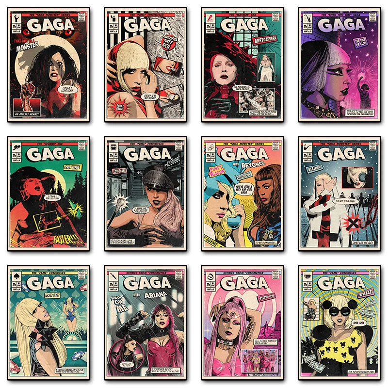 Famous Singer Lady Gaga Vintage Comic Pop Music Album Cover Poster Print Wall Art Pictures Canvas Painting Room Home Decor Gift