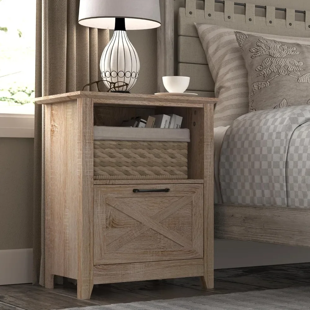 Large FSC-Certified Wood Bedside Table with Storage Drawer & Open Cubby, End Table Night Stand for Living Room, Bedroom