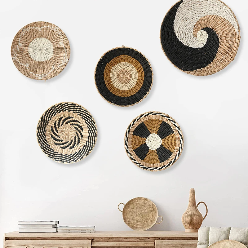 INS Nordic Style Straw Woven Tray Wall Decorations Handmade Papyrus Hanging Basket Bedroom Creative Art Wall Hanging Room Decor