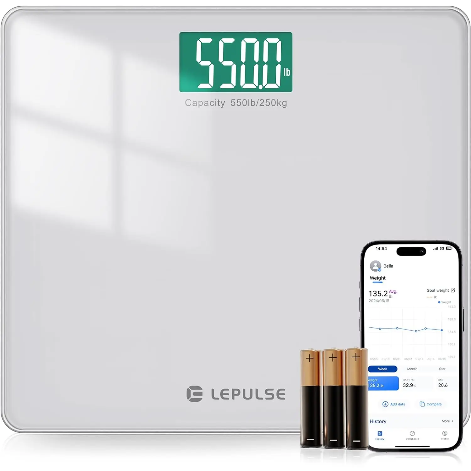 

550lb Digital Bathroom Scale with BMI, Wide Platform, Backlit Display, App Sync for Accurate Weight Tracking