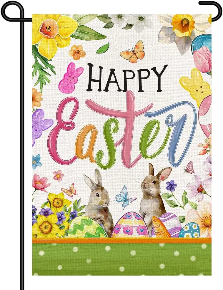 Happy Easter Garden Flag 12x18 Inch Double Sided Small Yard Sign with Colorful Letters, Bunny Flowers & Eggs Spring Outd YYQ GGO