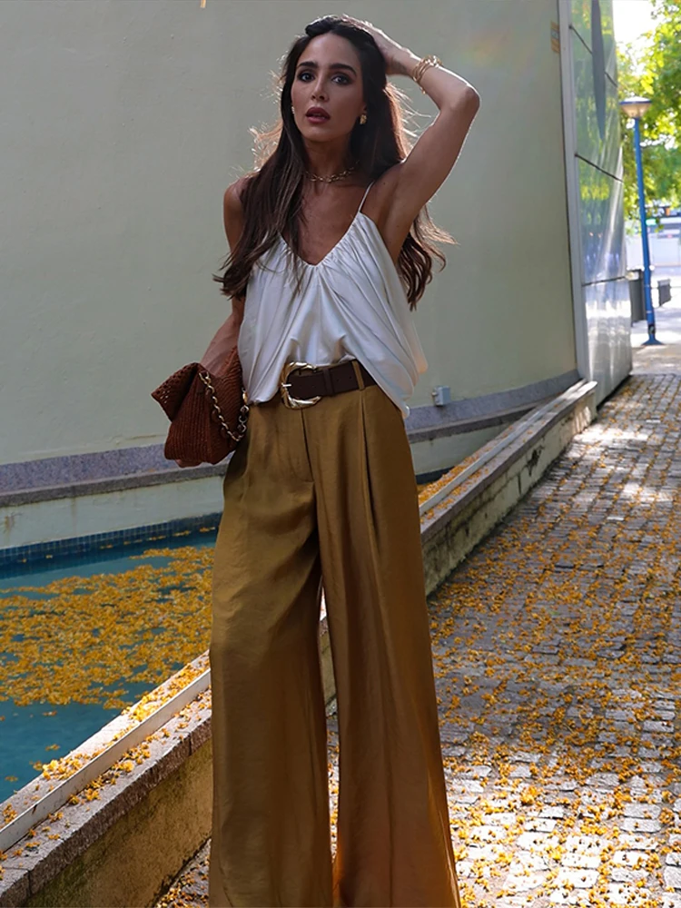 

Elegant Pants Suits Women Loose Sleeveless Backless Sling Tops Outfits Female 2025 Summer Fashion Wide Legs Belt Office Lady Set