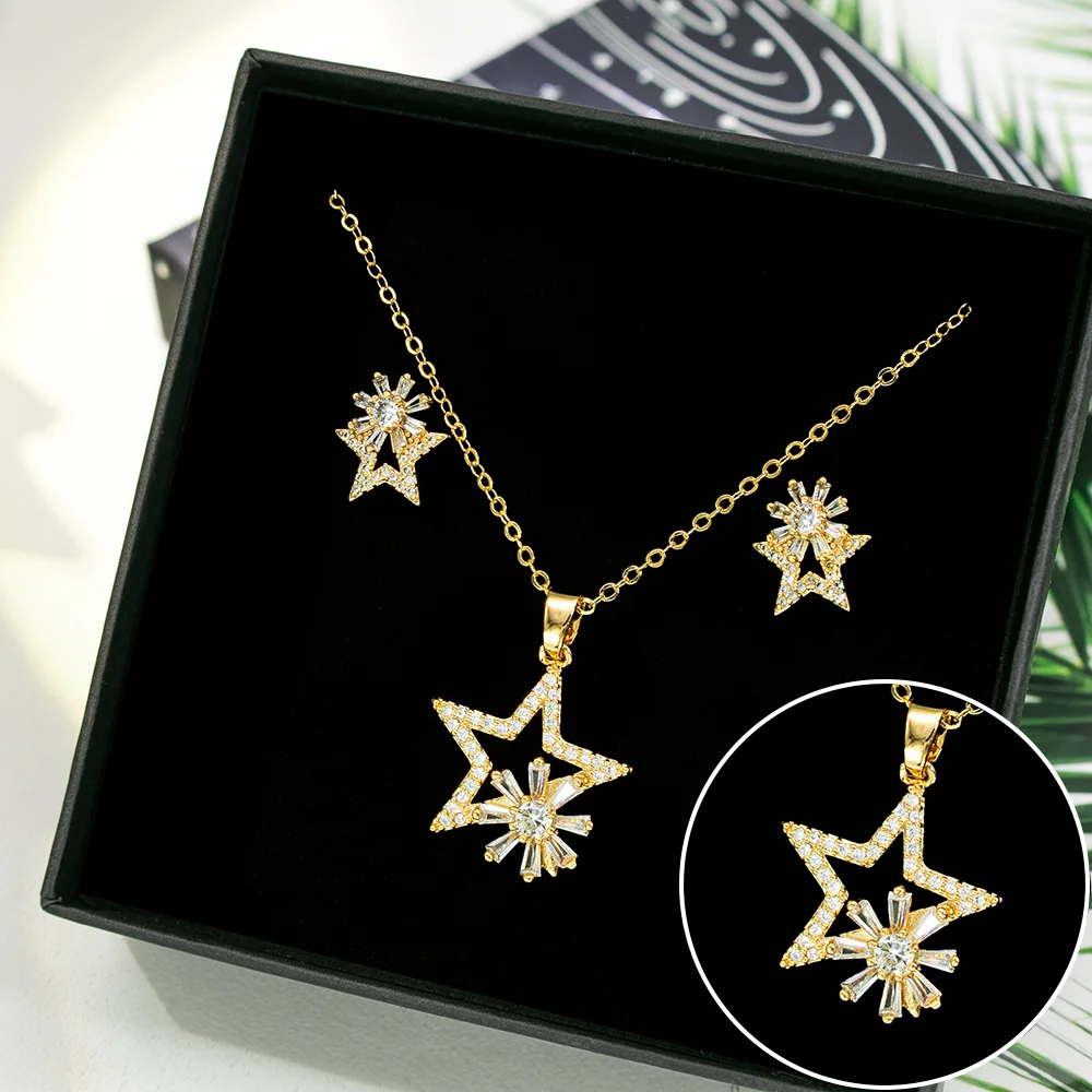 YTJX Pentagram Cubic Zirconia Jewelry Set Luxury Crystal Flower Pendant Necklace Stud Earrings Party Evening Dress Accessories