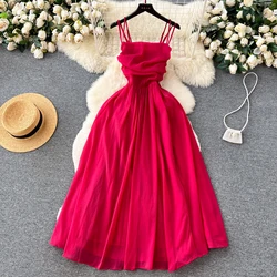 Sexy Backless Solid Pleated Slip Dress A-line Chic Casual Beach Vacation Slip Dress Women Summer Vestidos