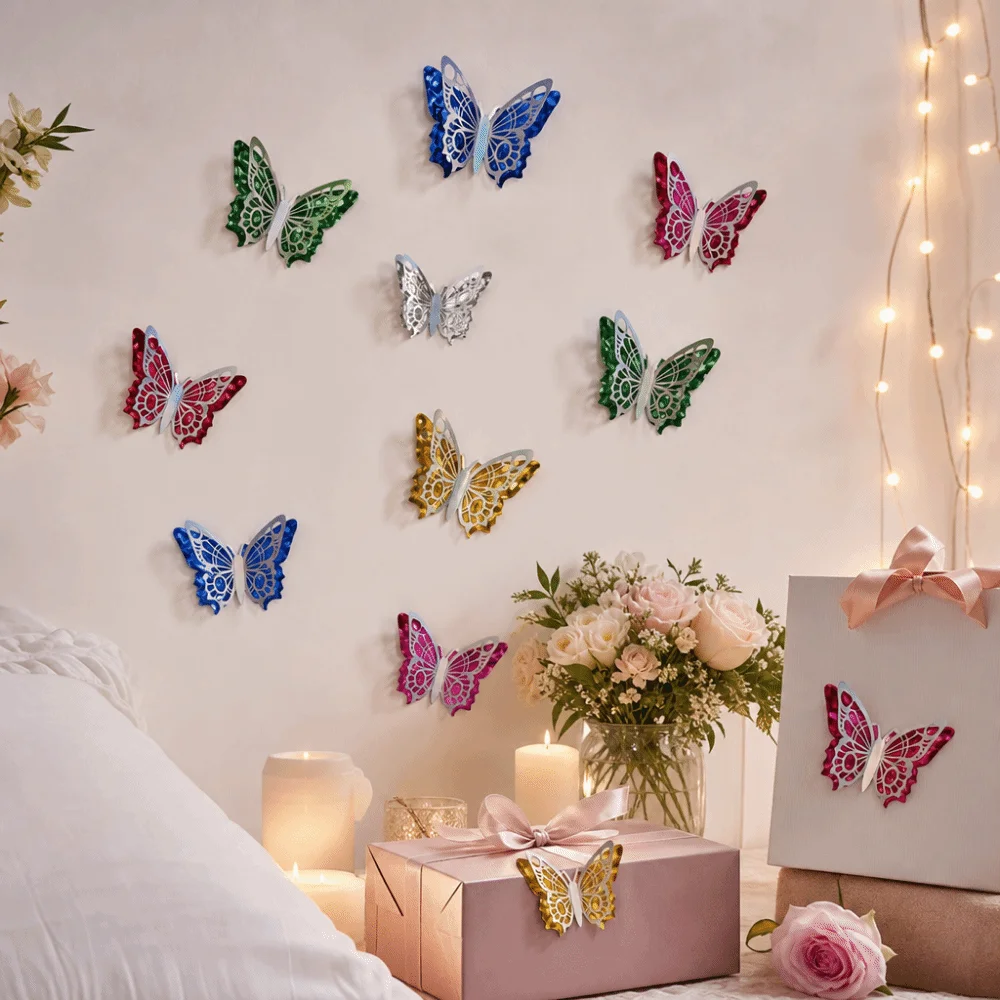 12 Pcs Colorful 3D Butterfly Wall Stickers Glitter Wings Hollow Butterfly-Shaped Wall Decor Patchwork Fairy