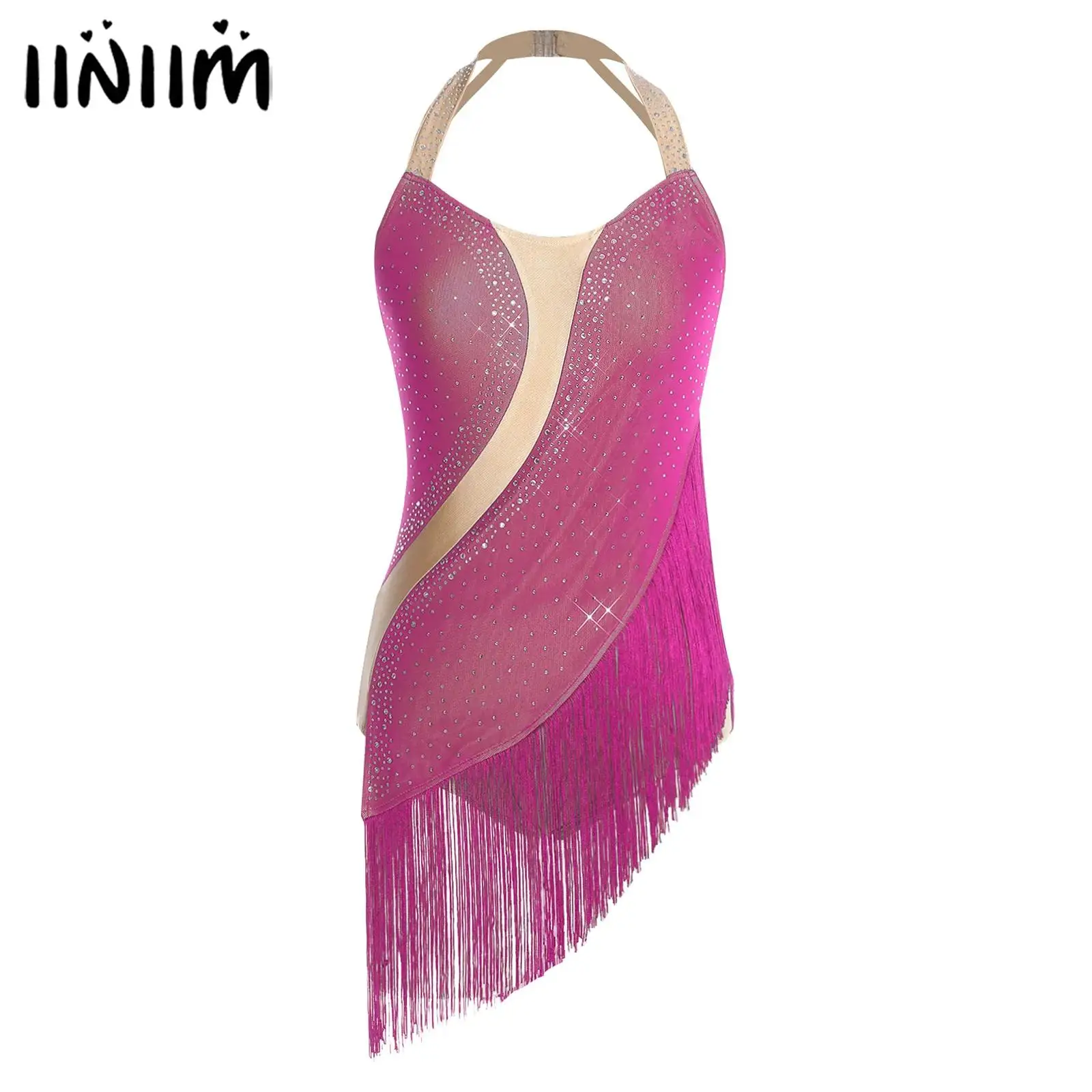 Body con borlas para baile latino y gimnasia con diamantes de imitación para mujer, vestido para patinaje artístico, mono, traje de baile Tango Cha-cha