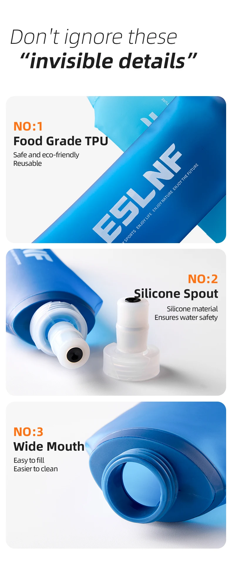 ESLNF 500ml Faltbare Wasserblase Weiche Wasserbeutel BPA-frei Lebensmittelqualität Auslaufsicher Tragbar für Laufen Radfahren Camping Hydration – Detail 11
