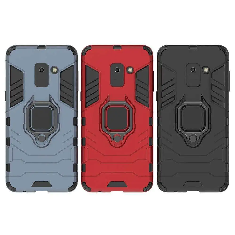 For Samsung Galaxy A8 2018 Phone Case, Silicone TPU and Hard PC Luxury Armor Shockproof Metal Ring Holder Cover Casing