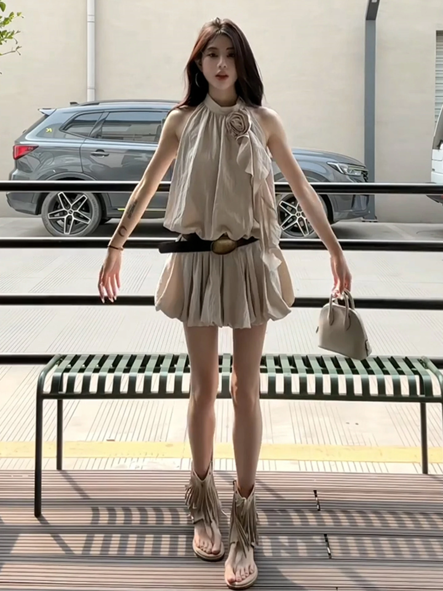 Summer Svel Ne Hanging Vest Dr Women's New Sle High Waist A-Line Skirt Flattering ort Dr Vaion Sle