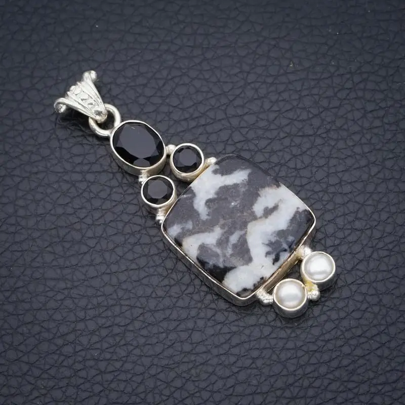 StarGems Natural Pinolith Jasper&Black Onyx And River Pearl Handmade 925 Sterling Silver Pendant 2 1/4