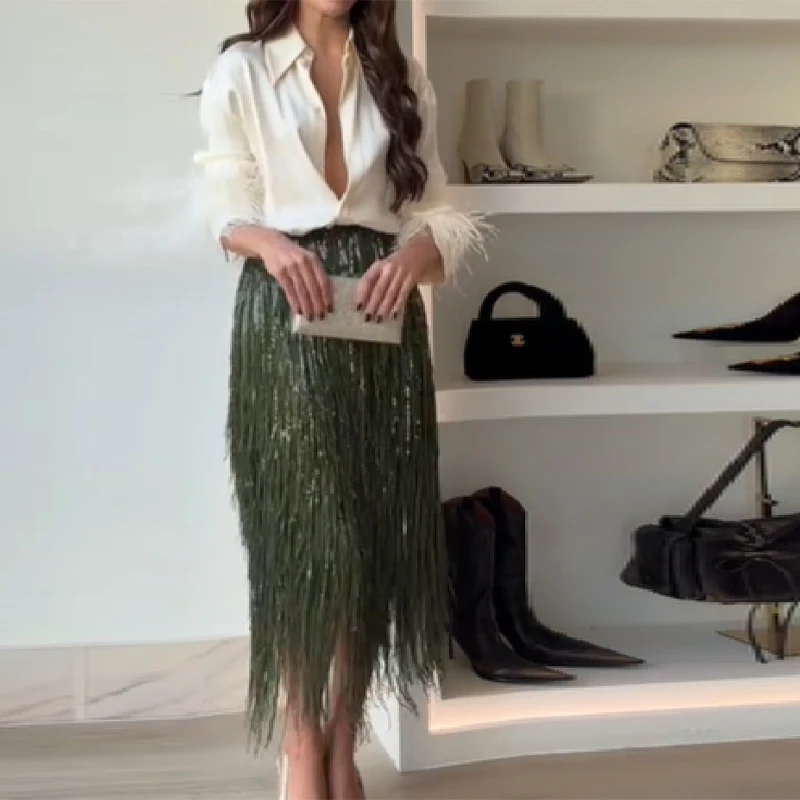 Glitzernder bestickter Rock für Damen, trendiges, unregelmäßiges, halblanges Kleid mit Quastensaum, 2025, neue A-Linien-Partyröcke mit hoher Taille
