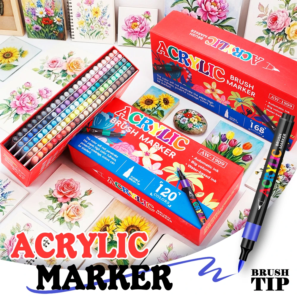 

Набор акриловых маркеров 120/168 цветов с кистью, удобные в использовании для рисования, декорирования камней, творчества и DIY-проектов.