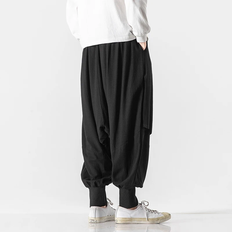 Spring Summer Chinese Style Cotton Linen Harem Pants Man Loose Crane Embroidery Ribbon Wear Casual Pants Sweatpants