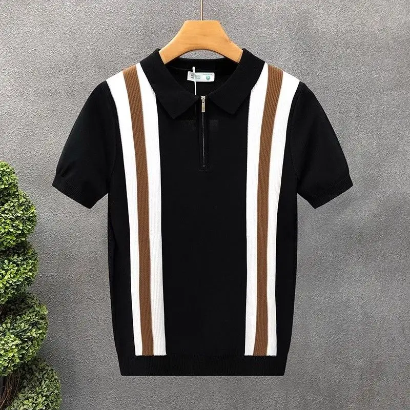 

Contrasting Stripes Ice Silk Short Sleeve Men's Summer Versatile Casual Lapel Knitted T-Shirt Tide