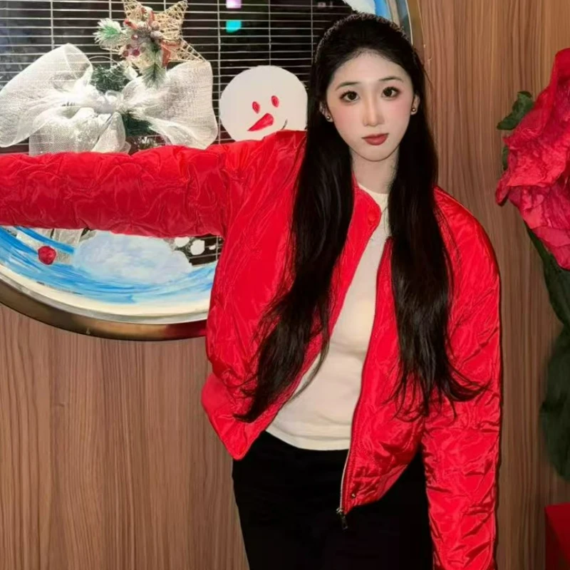 2026秋冬新作 レッドジッパーコットンジャケット レディース ファッション ハイエンド レディライクスタイル コットンアウター トレンド