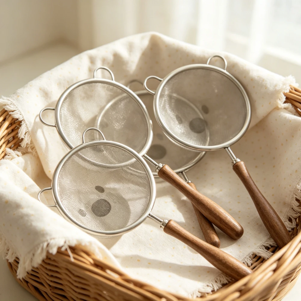 Fine Filter Strainer 304 Stainless Steel Wooden Handle Complementary Food Strainer Superfine Soybean Milk Filter Residue Spoon