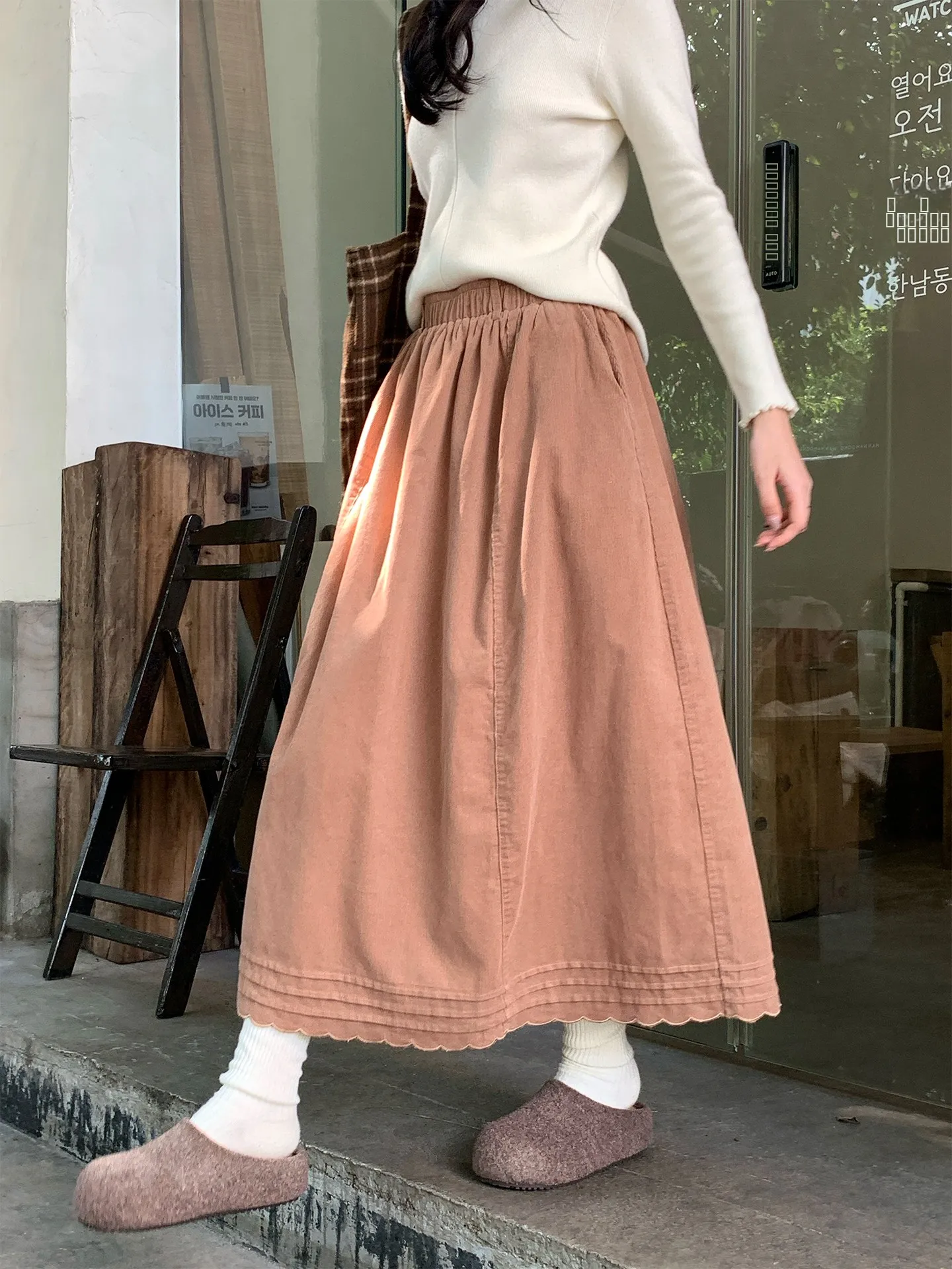 

Holli Korean Retro Sle A-Line Slim Elastic Waist Corduroy f Skirt Midi Length New 2025 Casual Women's Skirt