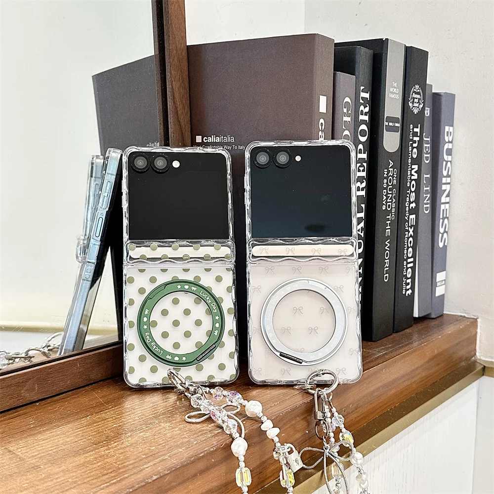 

Korean Cute Bow Polka Dot Phone case for Samsung Galaxy Z Flip6 7FE Flip5 6 7 Flip7 6 5 Cover With 360 Rotate Stand Chain Cases