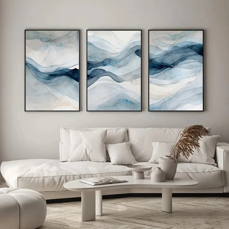 3 قطع/مجموعة طباعة قماشية بسيطة بألوان مائية حديثة تجريدية باللون الأزرق الداكن، مناسبة لتزيين غرفة المعيشة وغرفة النوم، فن جداري من القماش