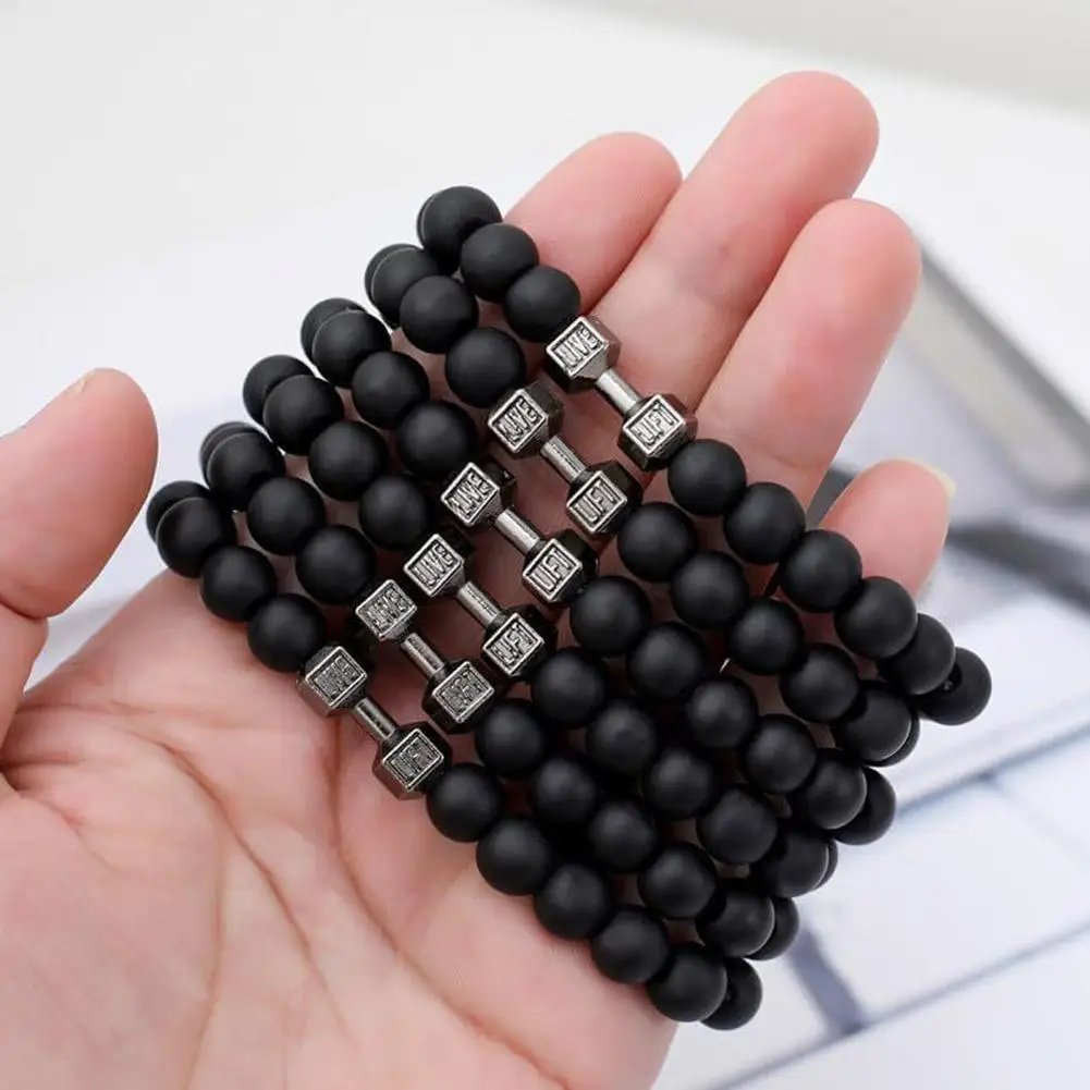 Natural Volcanic Stone Bracelet Men Matte Black Lave White Beads Charm Dumbbell Strand Bracelets Women Barbell Fitness Jewelry