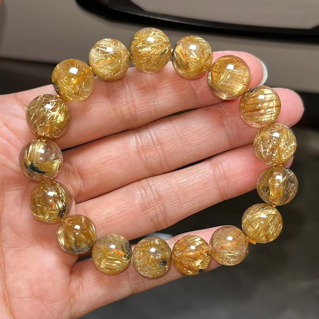 Natural Gold Rutilated Quartz Titanium beads Bracelet Wealthy 11.5mm Woman Men Clear Round Beads Jewelry From Brazil AAAAAAA