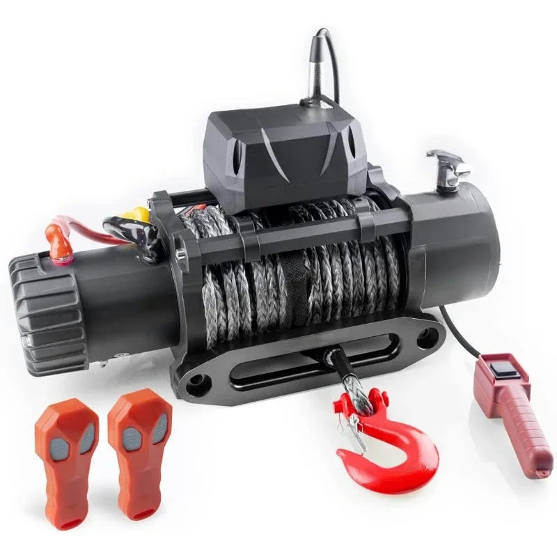 Christmas.12000lb Waterproof Electric Black Synthetic Rope Winch with Hawse Fairlead, Wired Handle