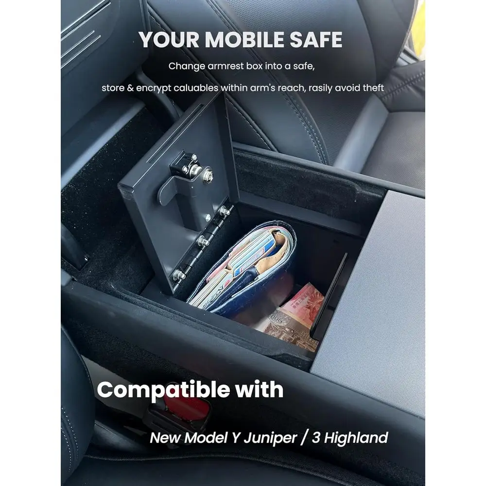 Center Console Safe Organizer Compatible with 2025 2026 Tesla Model Y Juniper & Model 3 Highland Armrest Lock Box Secure Vehicle
