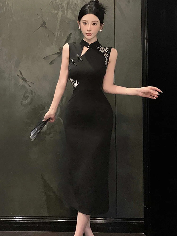 Summer Black Elegant Embroidery Stand Collar Dress Women Fashion Bodycon Sleeveless Dress 2025 Korean Vintage Hepburn Prom Dress