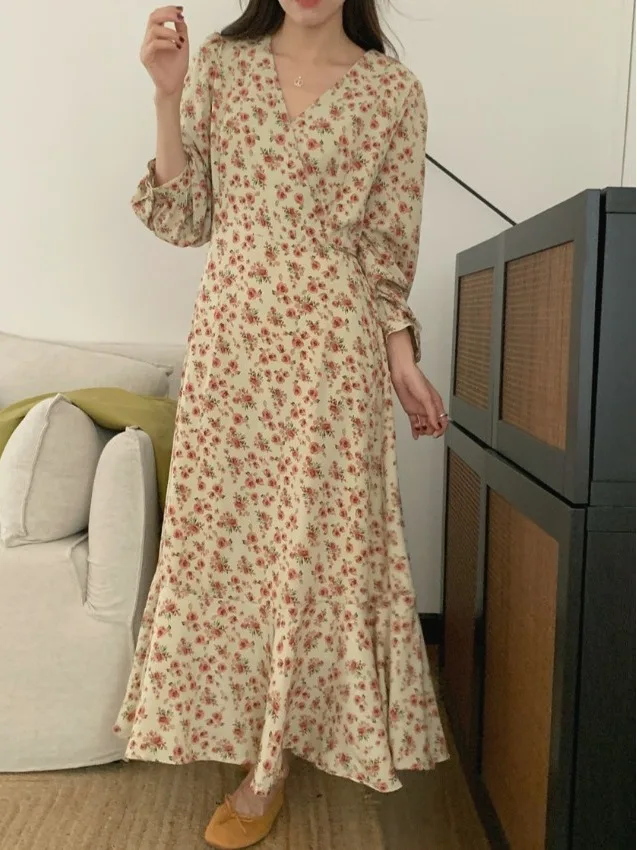 Maxi Dr con stampa floreale retrò con cintura Abito lungo Sve V-Ne Abito autunnale da donna Gonna interna con coda fi