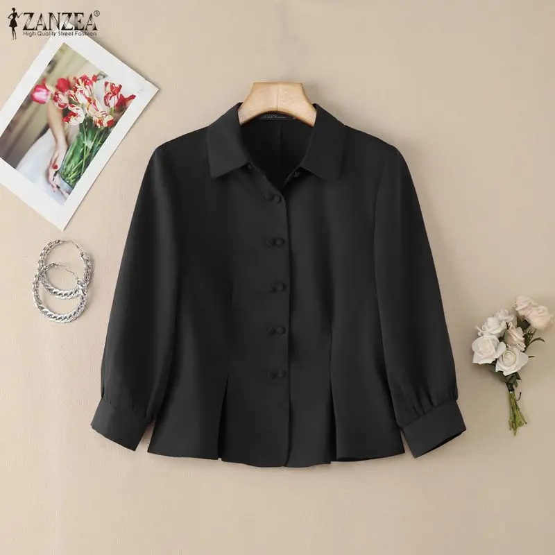 Fashion Women Shirt 2026 ZANZEA Spring Office Work Blouse Elegant Solid Waisted A Line Blusas Femme Lapel Neck 3/4 Sleeve Tops