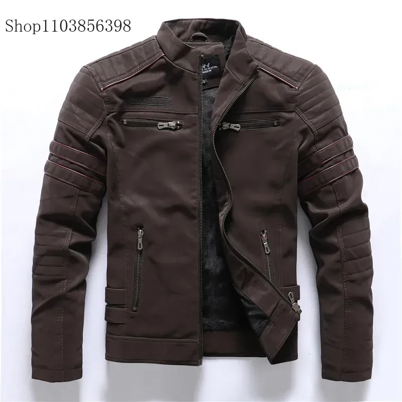 Winter Leather Jacket Men Fleece Warm Causal Motorcycle Embroidery PU Coats Multi-pocket Vintage Outwear Male Autumn Windbreaker