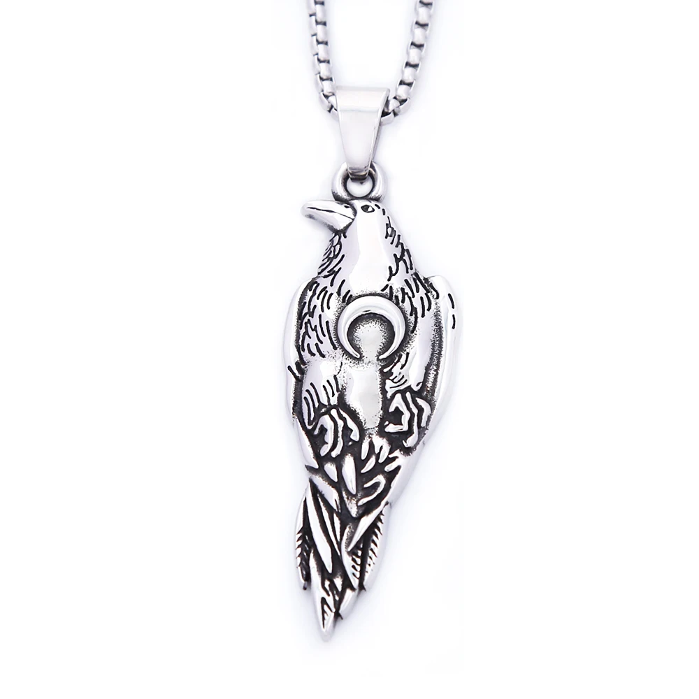 Vintage Nordic Viking Raven Pendant Necklace For Men Boys Stainless Steel SanLan Moon Necklaces Fashion Charm Jewelry Wholesale