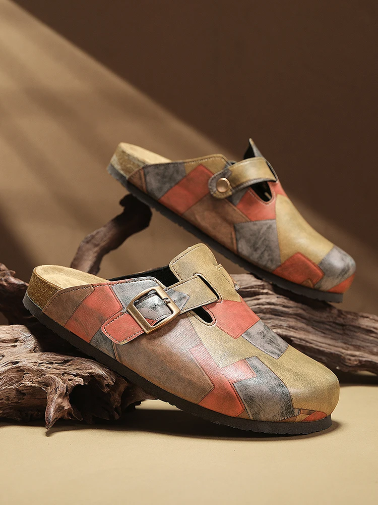 Unisex Cork Closed Toe Slippers Slip-on Clogs Slides Fashion Leather Sandals with Adjustable Buckle Backless Comfort Footbed