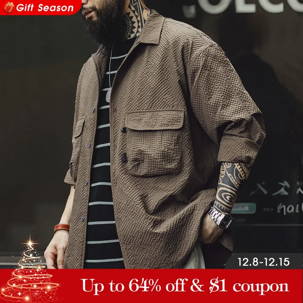 Maden Outdoor Camicia a maniche lunghe Seersucker con colletto cubano Senza stiratura Antirughe con design tascabile Camicia sottile in tinta unita