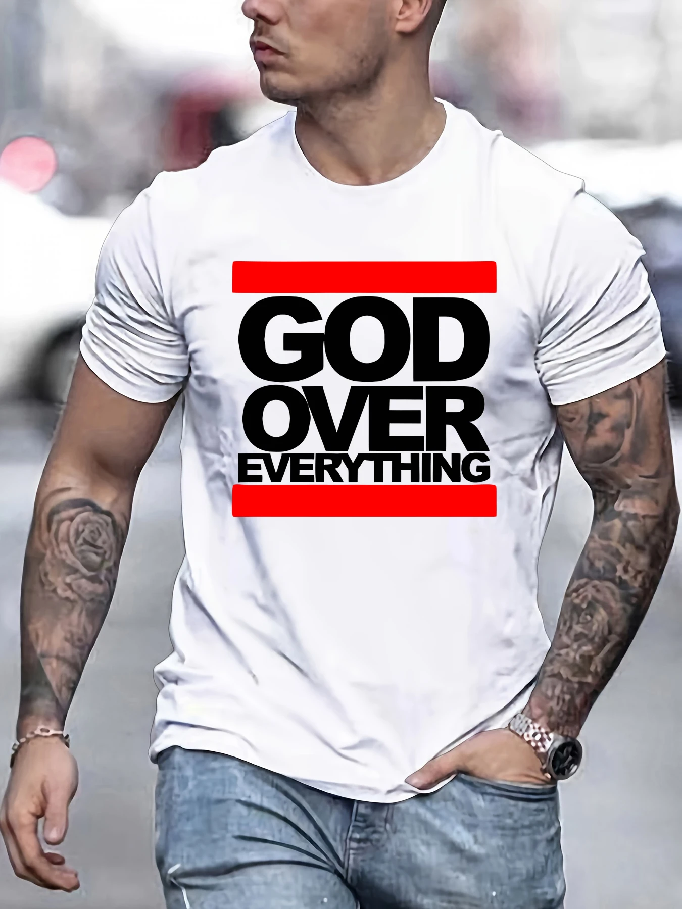 God Over Everything Graphic Print Men's Creative TopCasual Slightly Stretch Short Sleeve Crew Neck T-shirtMen's Tee For Summer