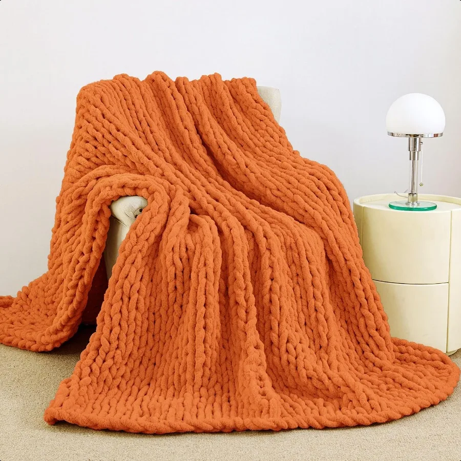

Chunky Knit Blanket Throw 100 Hand Knit Chenille Throw Blanket for Sofa Home Decor Soft and Cozy Knitted Throw Blankets Orange