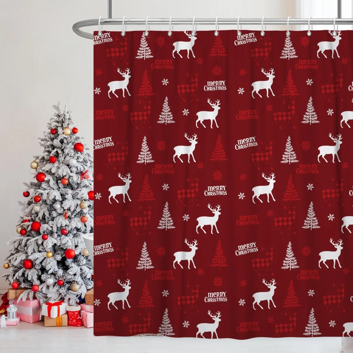

Christmas Shower Curtain for Bathroom Red X-mas Shower Curtain Set with Hooks Elk Christmas Trees Snowflakes Decor Waterproof