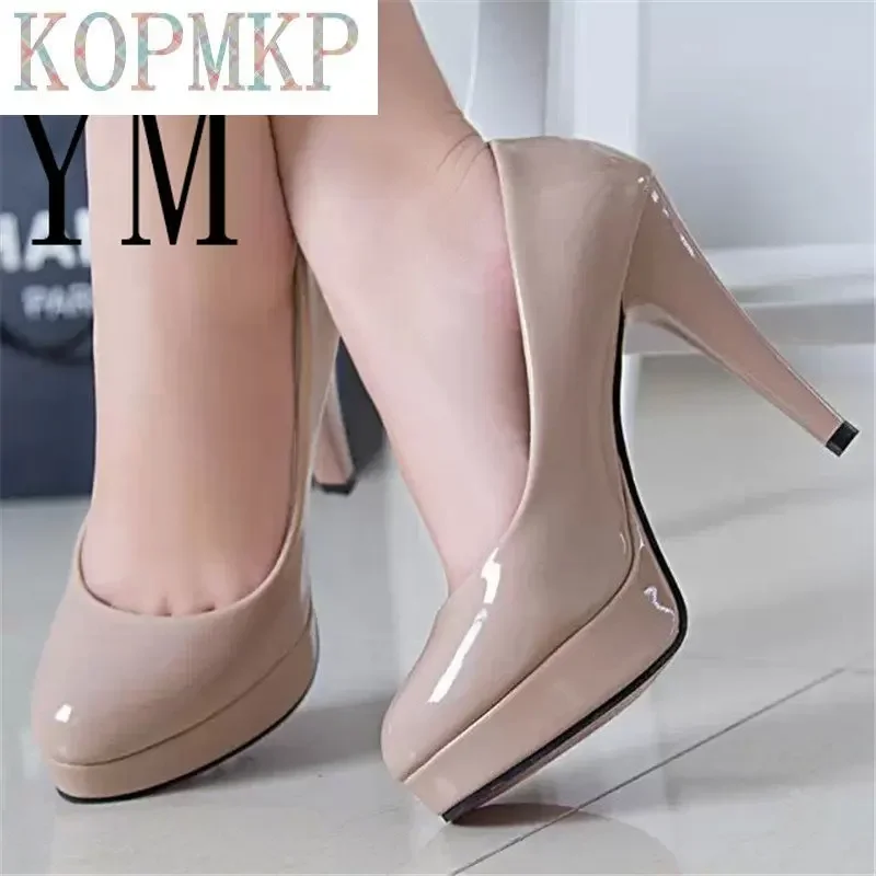 Fashion Mature Women Pumps Classic Patent Leather High Heels Shoes Nude Sharp Head Paltform Wedding Women Dress Shoes Plus 34-42