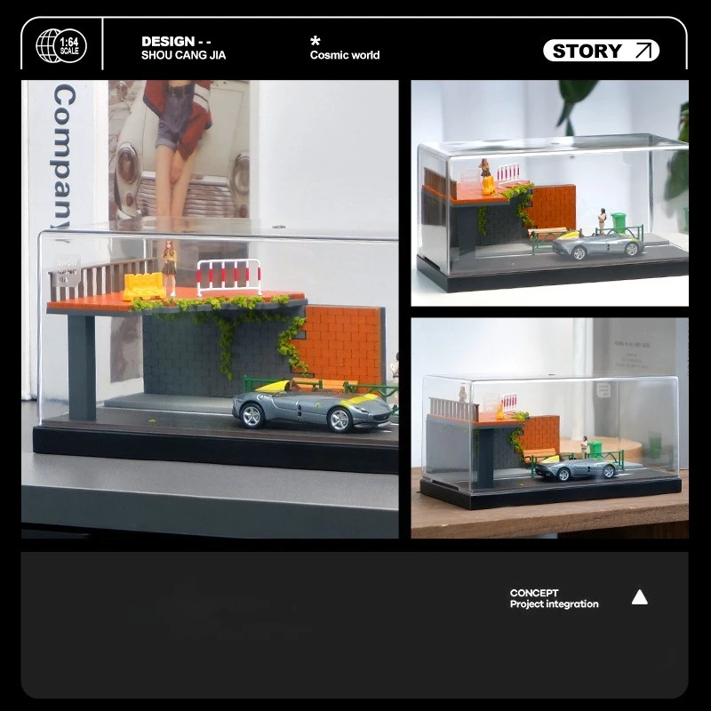 Symulacja Miniaturowa Scena Narożnika Ulicznego Akrylowa Gablota Ekspozycyjna na Modele Samochodów w Skali 1/64 Kolekcja Dekoracja Domu Parking Zabawka