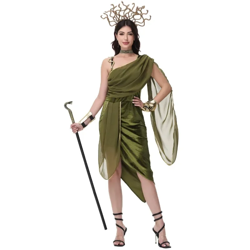 

Roman Greek Myth Halloween Costume Adult Women Gorgon Medusa Outfit Green Fancy Dress Cosplay Carnival Party Clothes