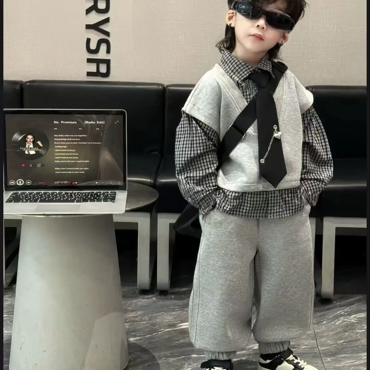 3 PCS set Spring Autumn Boys Clothing set Casual Vest Grid Shirts Pants Tie Kid Children baby toddler Handsome clothes
