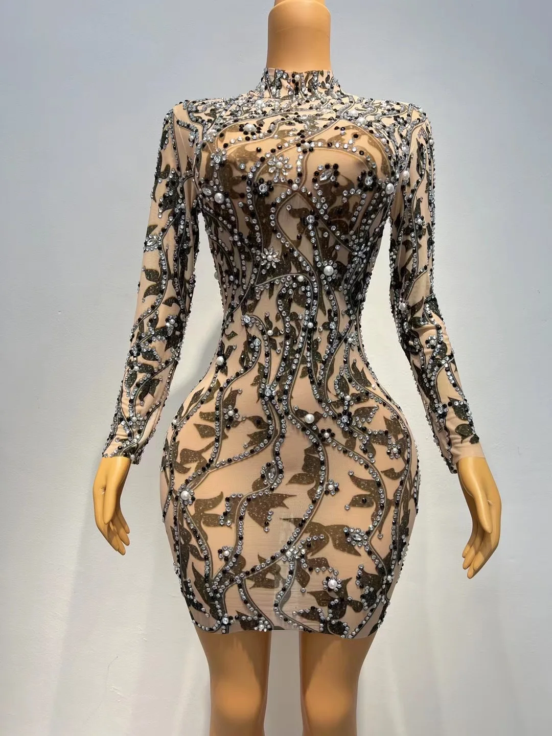 2025 라인스톤 누드 롱 드레스 웨딩 파티 축제 생일 이브닝 드레스 가수 무대 의상 모델 호스트 메쉬 드레스 yj57