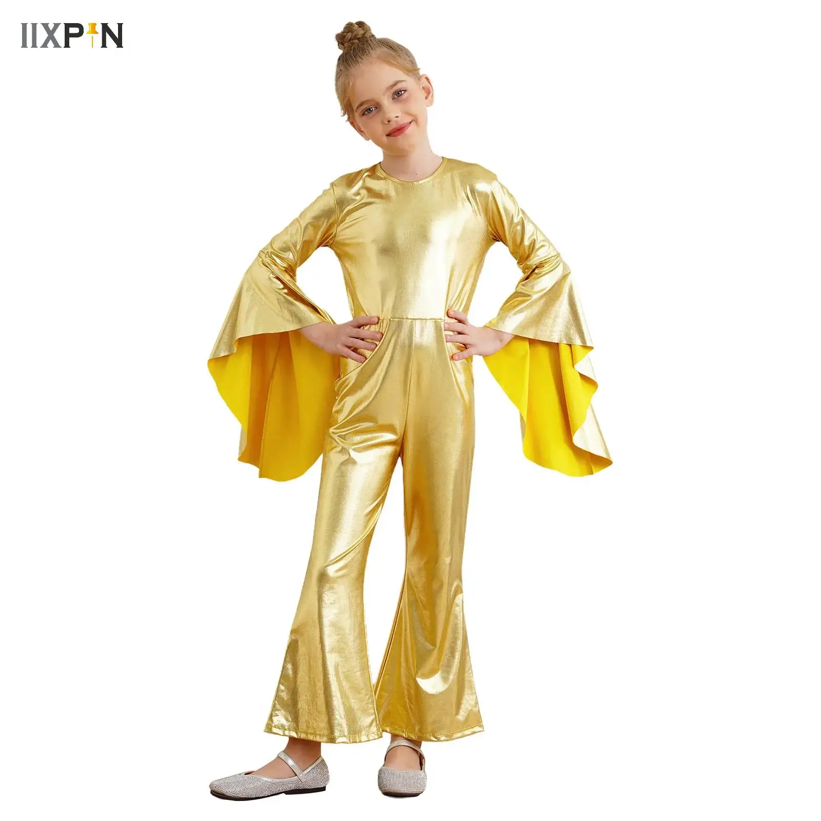 

Girls Metallic Bell-Bottom Jumpsuit 70s Hippie Disco Funky Dance Stage Performance Costume Halloween Theme Party Fancy Dress Up