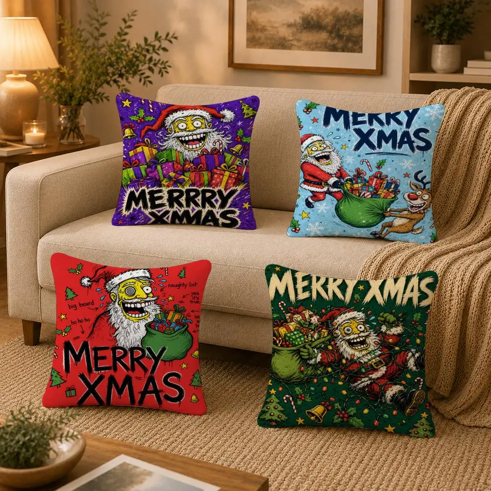 Fun Monster Merry Christmas Cushion Cover Washable Soft Plush Cushion Cover Square Pillow Case for Sofa Couch Bed