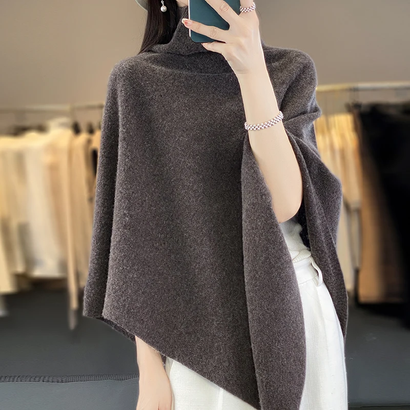 High end pure wool shawl top with a stylish and stylish pile neck knitted women\'s new style pullover 100 merino wool shawl